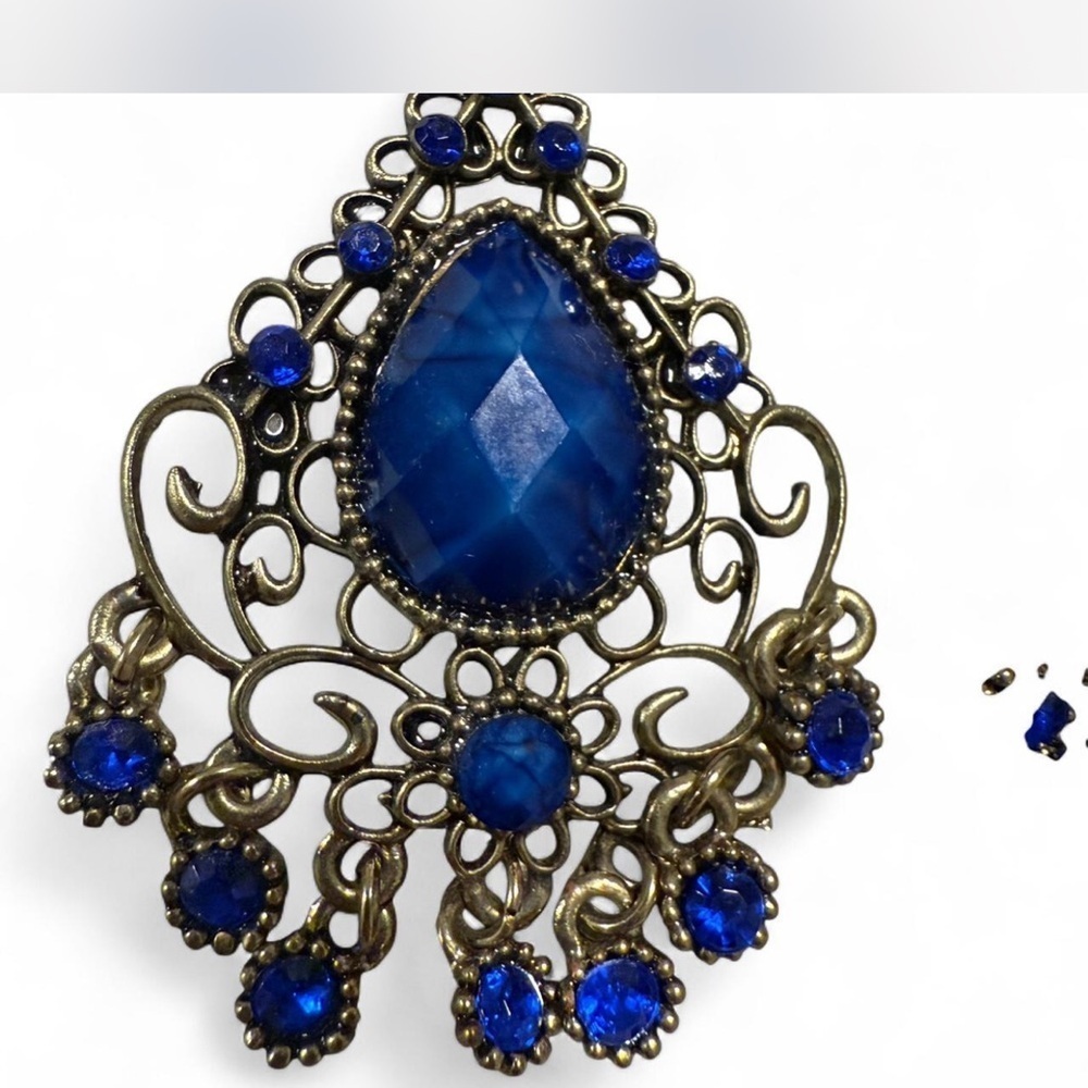 VINTAGE Blue Chandelier Earrings Boho Filigree Teardrop Statement Dangle - Picture 2 of 4